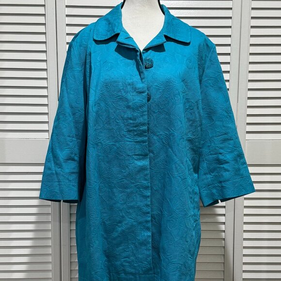 Chico’s Turquoise Textured Jacquard Button Front Jacket – Size 3P (16/18 Petite) - Picture 1 of 8